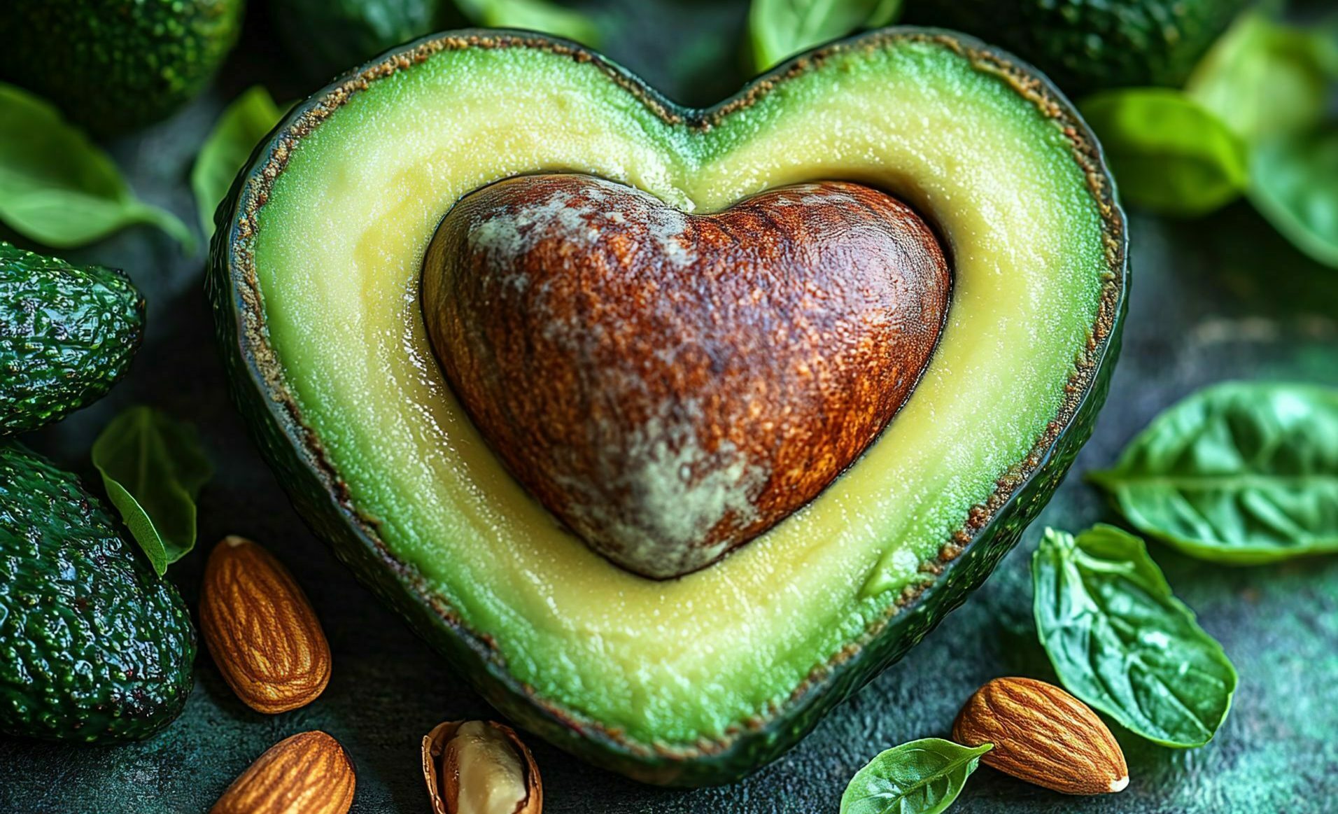 Heart-shaped avocado slice on white plate with fresh greens and nuts, representing healthy cholesterol and nutritious diet concepts.