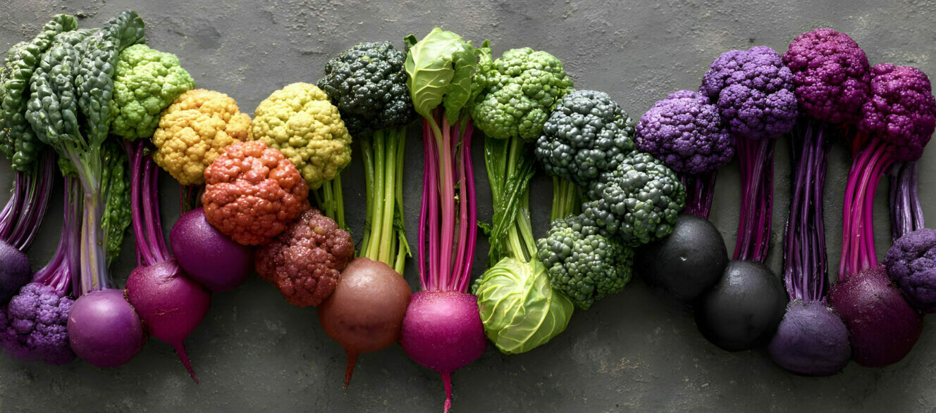 Fresh veggie DNA strand with colorful veggies, kale, beetroot